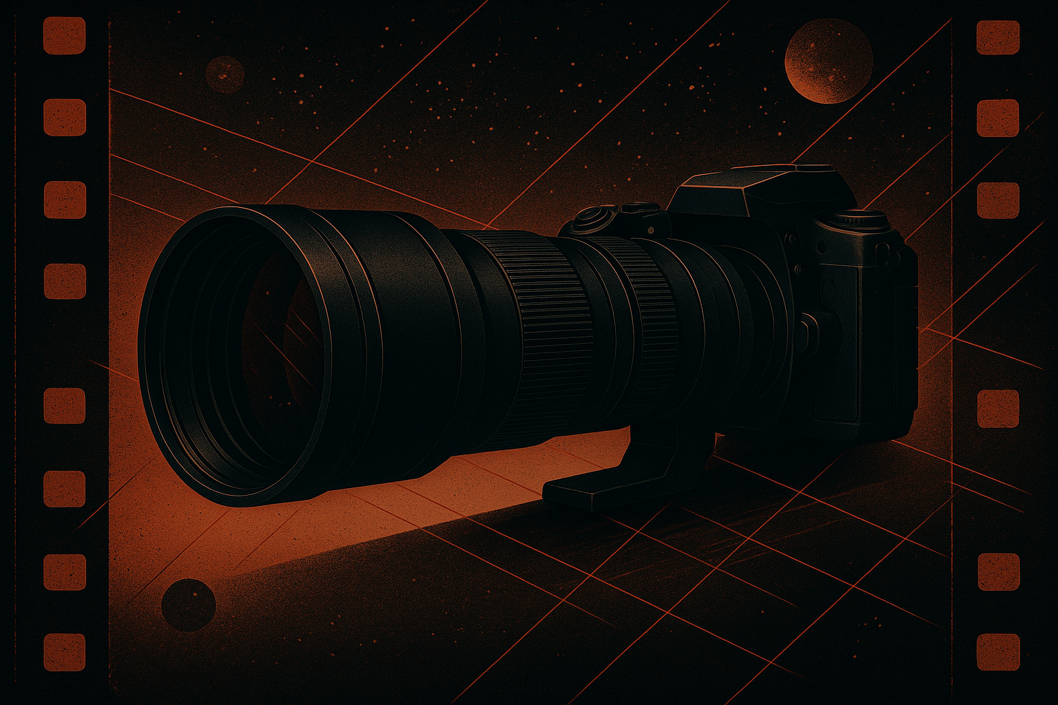 Nikon Coolpix P1000 con teleobjetivo en escena oscura estilo retro con fondo espacial y marco de película fotográfica