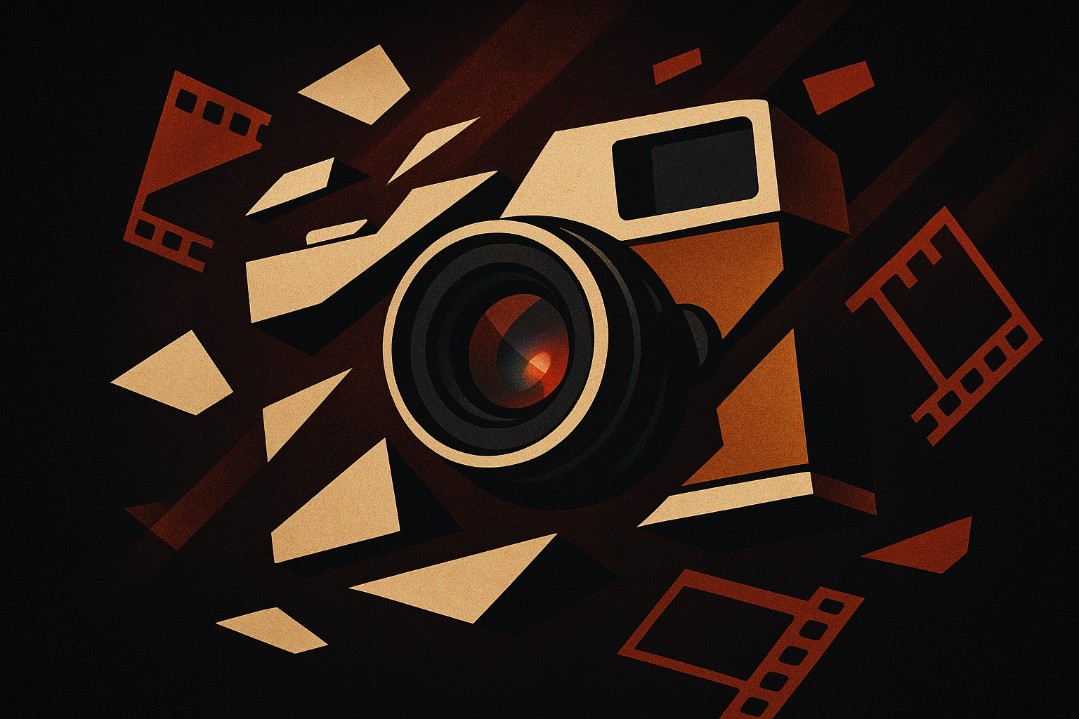 Ilustración estilo retro de la Sony RX100 III con tiras de película y fragmentos geométricos en tonos dorados y rojos