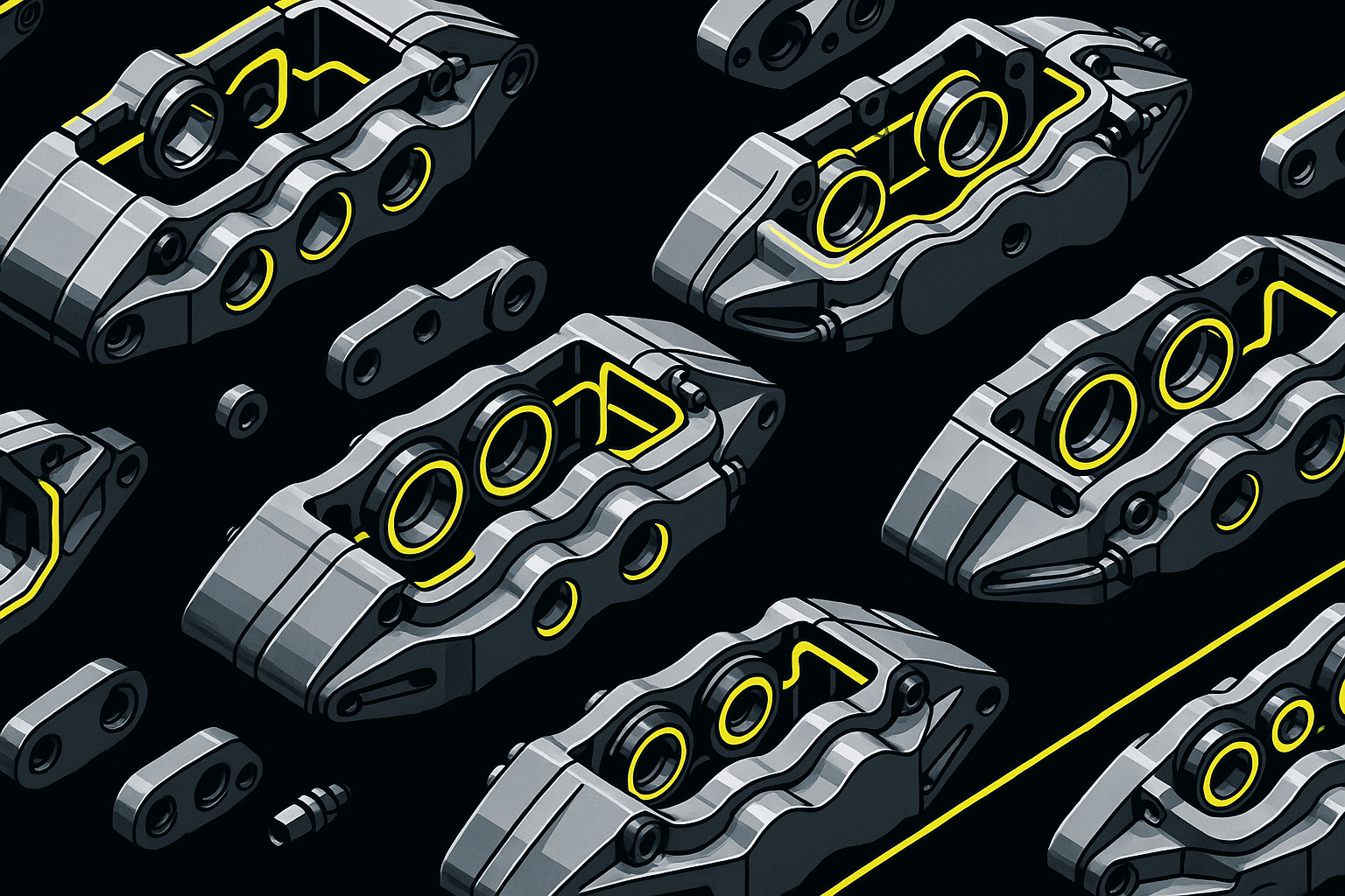 Múltiples calipers de freno de coche en ilustración isométrica gris y amarillo sobre fondo negro