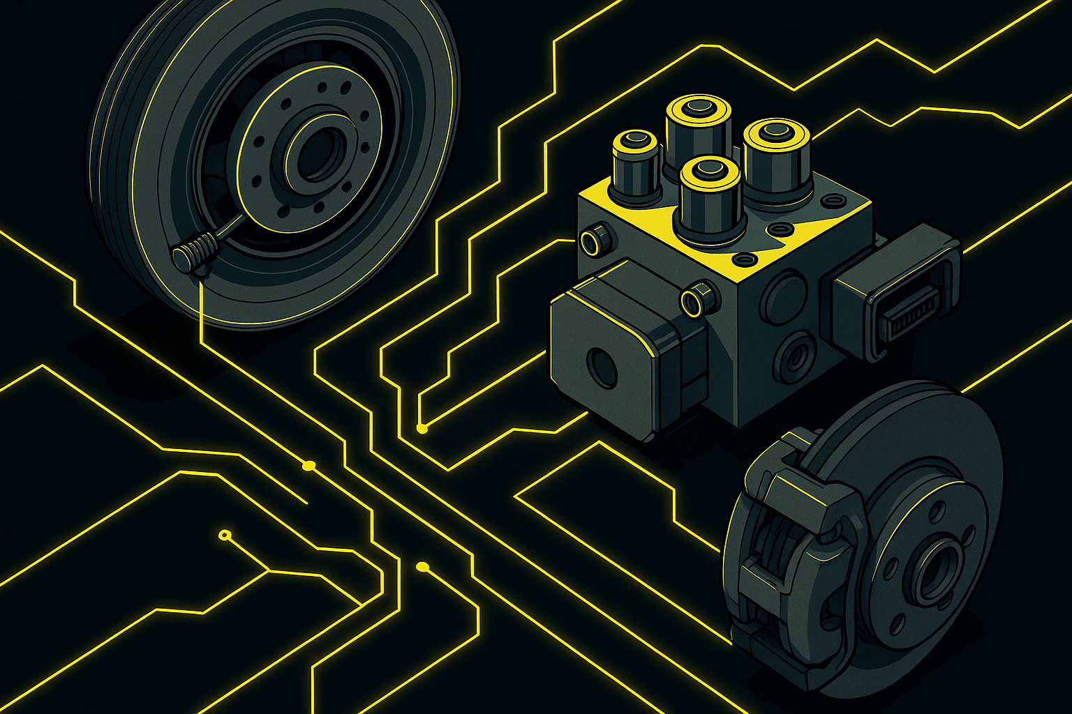 Sistema de frenos ABS con ruedas y módulo hidráulico conectados por circuitos eléctricos amarillos sobre fondo negro